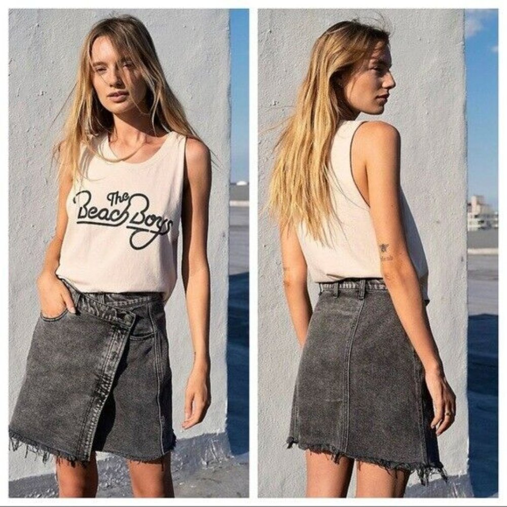 Free People Womens Parker Sulfur Black Denim Mini Frayed Hem Wrap Skirt Size 25